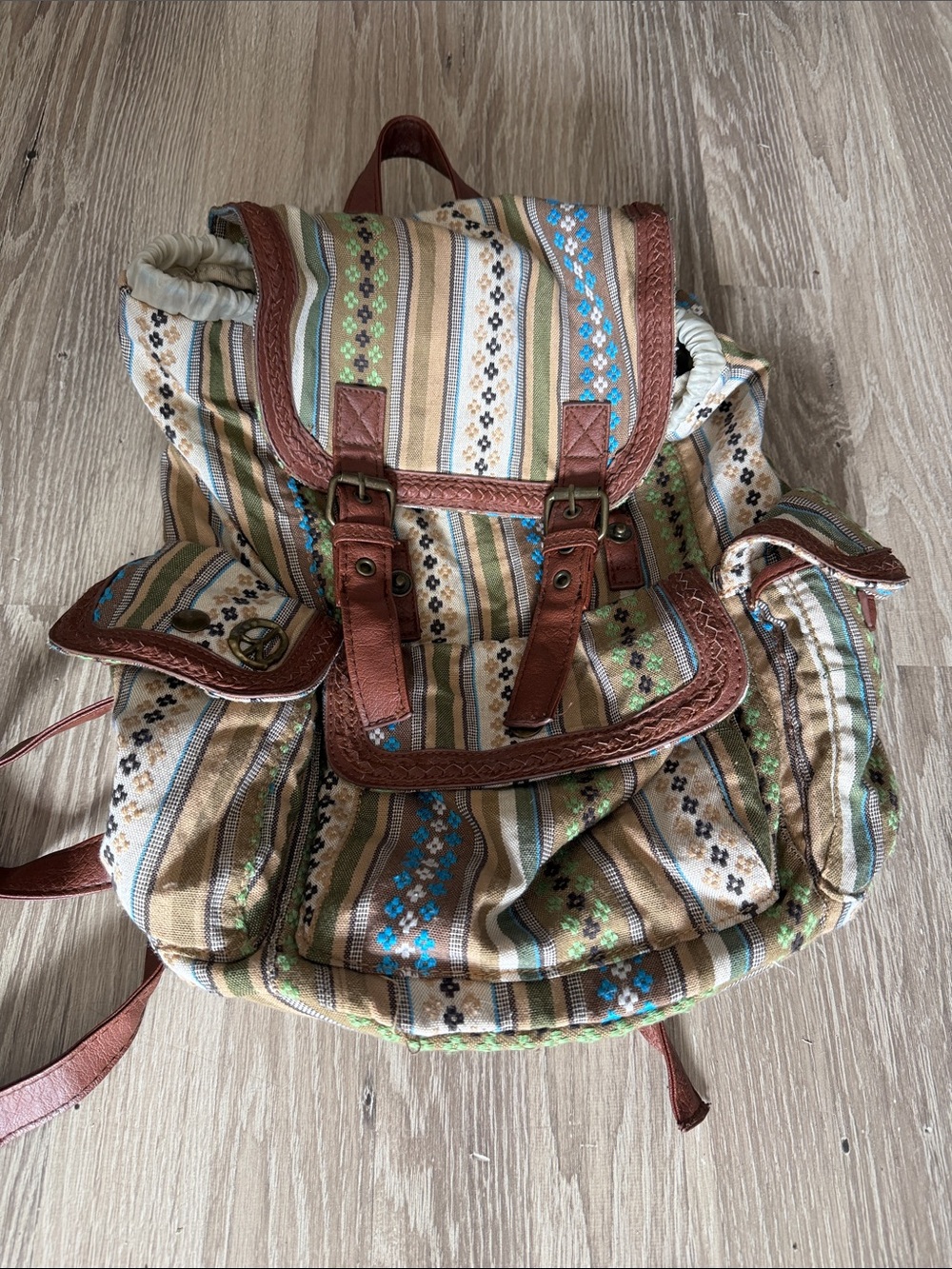 Canvas Stripe Rucksack Backpack in Tan with Brown Trim -Reposhed